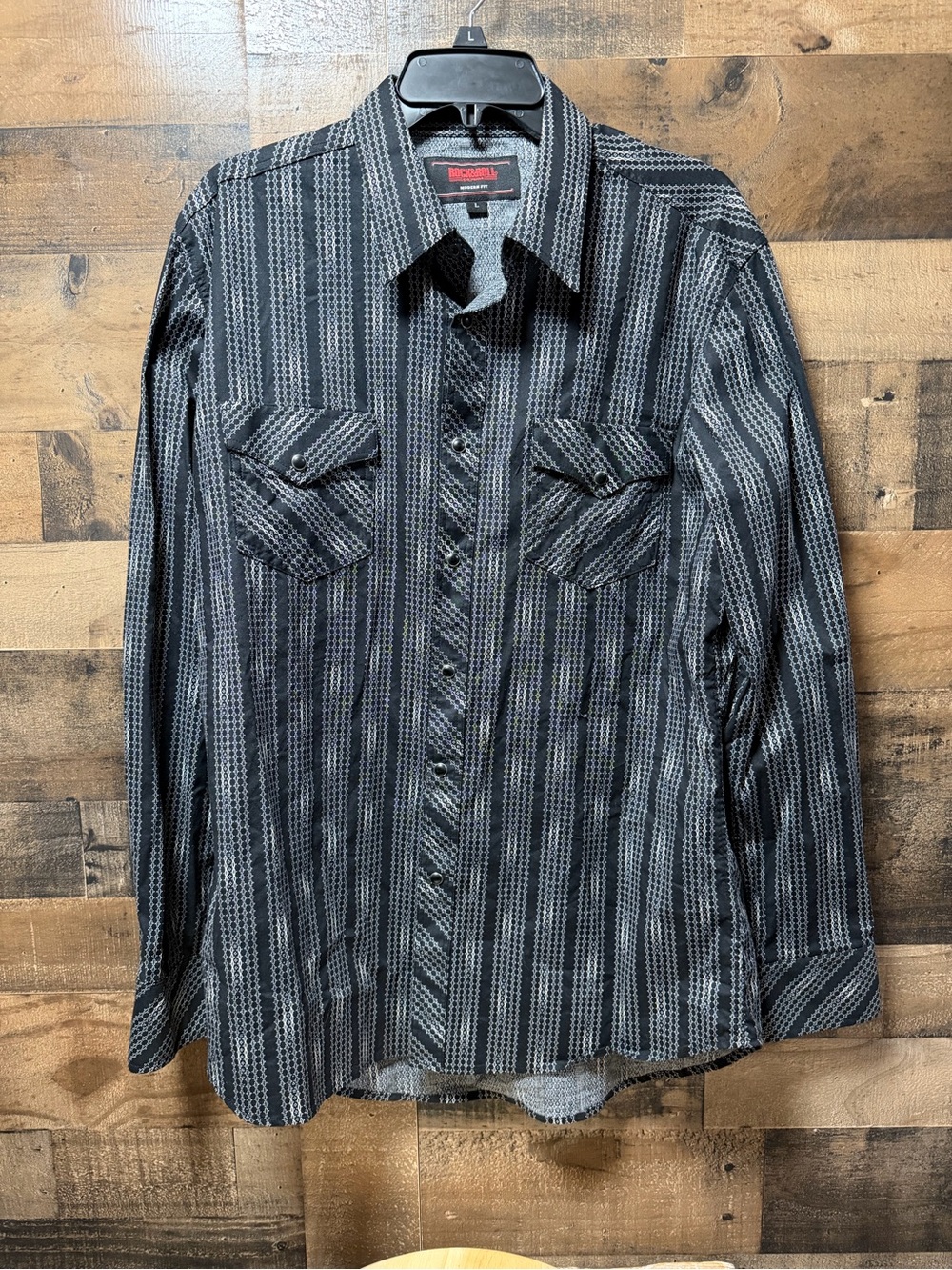 Rock & Roll Denim Shirt Mens L Black Gray Stripe Pearl Snap Western Cowboy